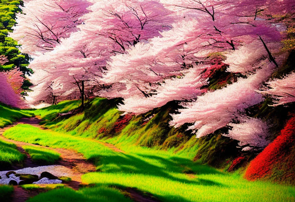 Image similar to a real photographic landscape painting with incomparable reality, wide angle, in forest, flowers, cherry blossom tree in full bloom, bright style, mount fuji, clearing, magnificent, artstation