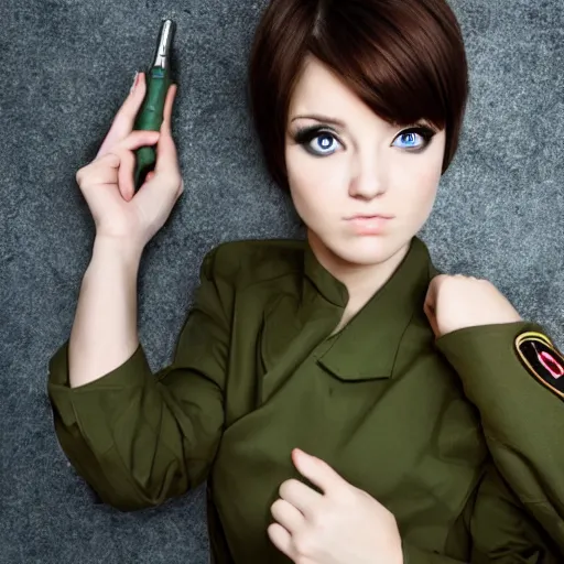 Image similar to brunette woman, bright green eyes, short hair, flipped out hair, military uniform, anime style