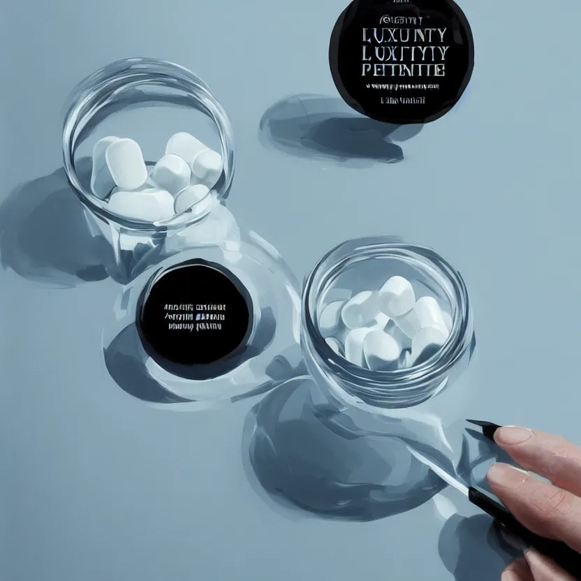 Image similar to concept art of luxury very modern dietary supplement with white liquid in a round transparent bottle with big black sticker on it, by aenaluck, artgerm and roberto ferri and greg rutkowski, light blue and white tones, digital painting, artstation, concept art, smooth, sharp foccus ilustration hq
