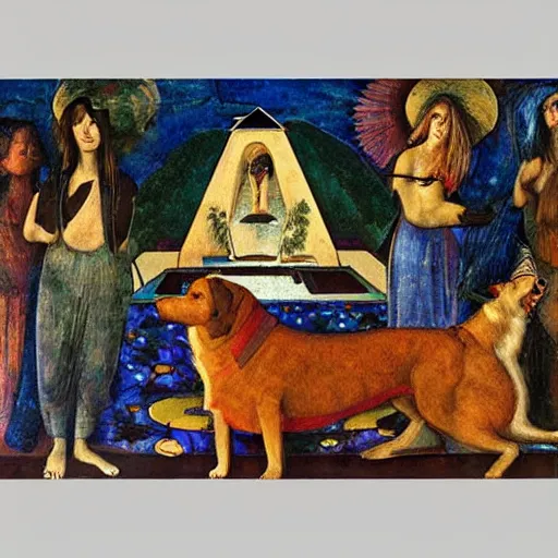 Image similar to hard evergrowing cosmic village prism collie dog guitar sectional portico, by amedeo modigiliani and filippino lippi and ernst max, surrealist, an american propaganda, nft