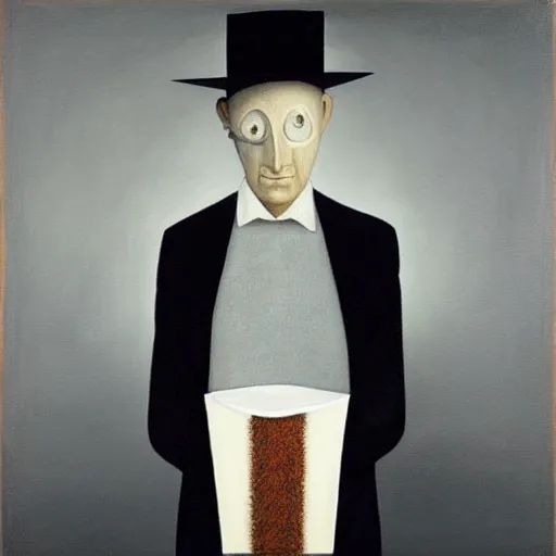 Image similar to a painting of a man wearing striped shirt, a surrealist painting by gertrude abercrombie. surrealism, dark, low contrast, featured on pixiv, precisionism, art on instagram, detailed painting