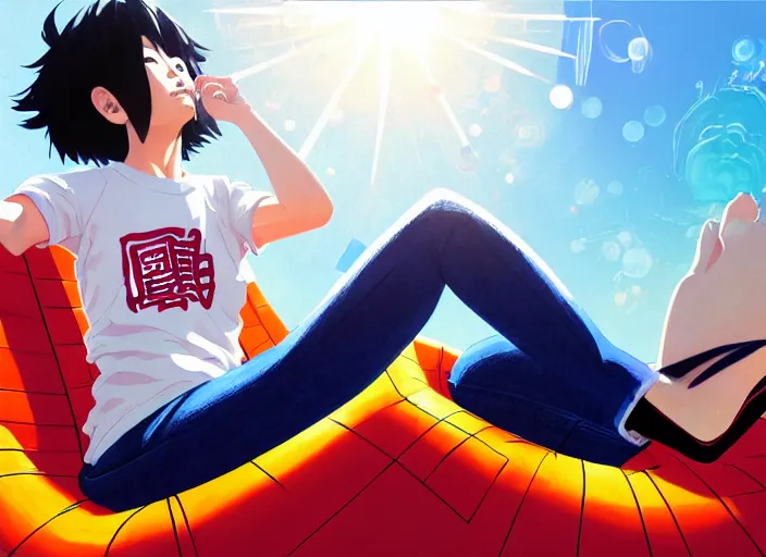 Image similar to closeup portrait of kyoka jiro from my hero academia relaxing in jeans and a t - shirt on a floating pool chair, sunny, bright, reflections, intricate, sharp focus, lens flare, bloom, illustration, highly detailed, digital painting, concept art, matte, art by ruan jia and wlop and greg rutkowski, masterpiece