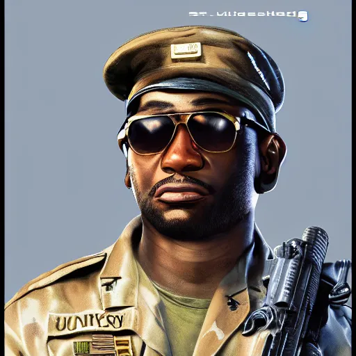 Prompt: Portrait of a black man wearing a US military outfit in a grand theft auto 5 loading screen , art by Albert Bierstadt and James Gurney, highly detailed, digital painting, matte painting, concept art, illustration, oppressive lighting, trending on artstation, very detailed