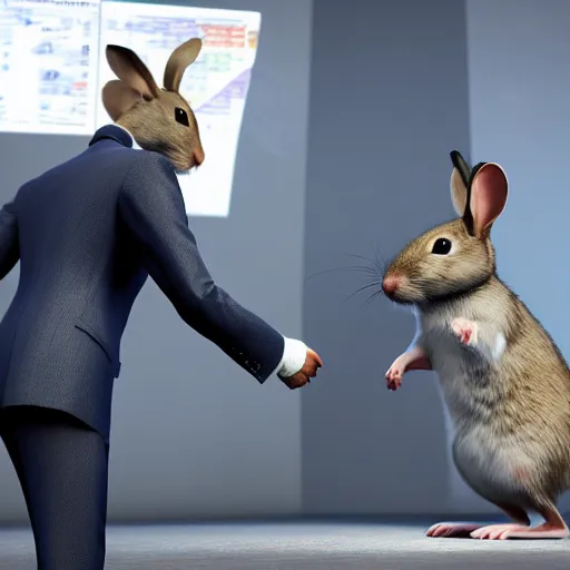 Image similar to a mouse in a suit shaking hands with a rabbit in a suit. Unreal 5 render