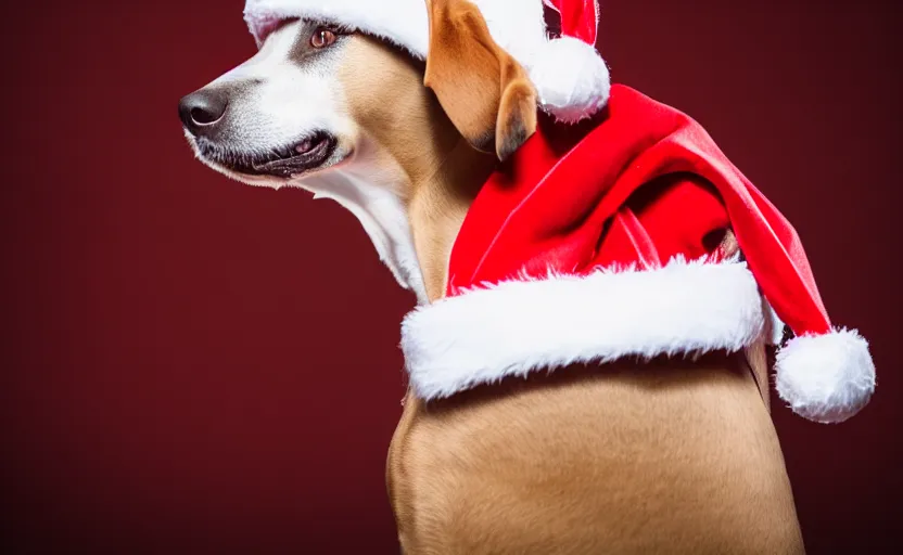 Prompt: studio photography of a dog wearing a christmas outfit, detailed face, cinematic lighting, 8 k