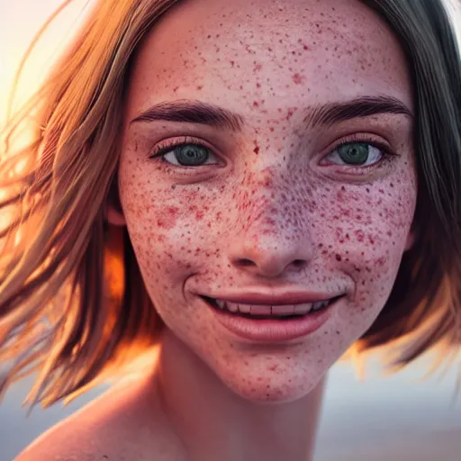 Prompt: portrait of a cute thin young woman, red blush, cute freckles, smug smile, modern clothes, relaxing on the beach, golden hour, close up shot, 8 k, art by irakli nadar, hyperrealism, hyperdetailed, ultra realistic