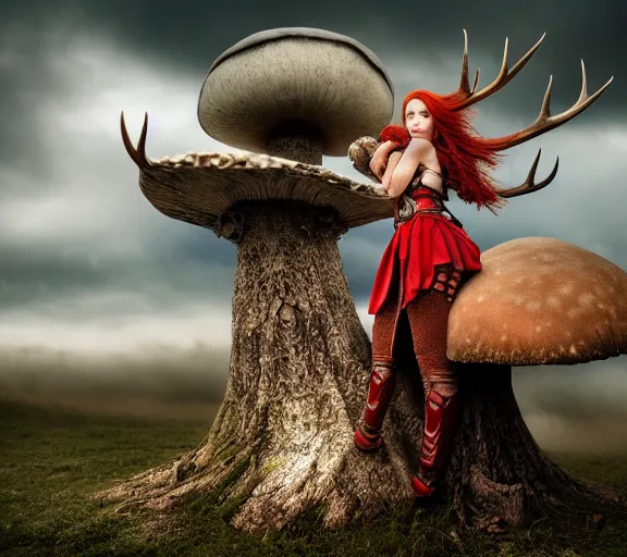 Prompt: a photo of an armored woman warrior redhead with antlers sitting on a giant mushroom that covers a whole village and reaches above the clouds by luis royo. intricate. lifelike. soft light. sony a 7 r iv 5 5 mm. cinematic post - processing