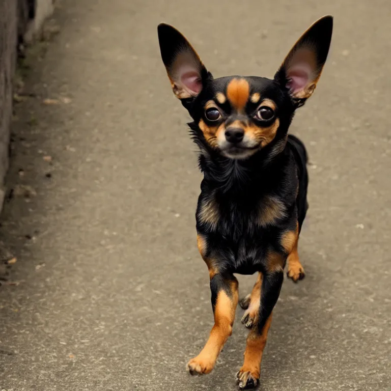 Image similar to anime visual of a black and tan chihuahua walking down an alley ; by kehinde wiley ; official media, cinematic lighting, high quality, trending on artstation