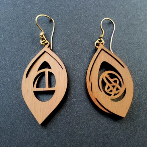 Image similar to 2 d wood lasercut earrings, mystical symbols, 8 k, hd, trending on artstation, trending on deviantart, trending on etsy, epic digital art