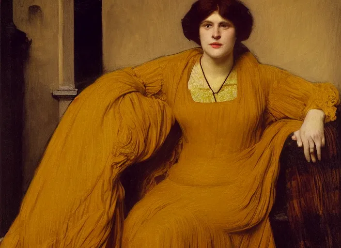 Prompt: portrait of jemma channing, wearing yellow ochre, preraphaelite colour photography by frederic leighton, 8 k