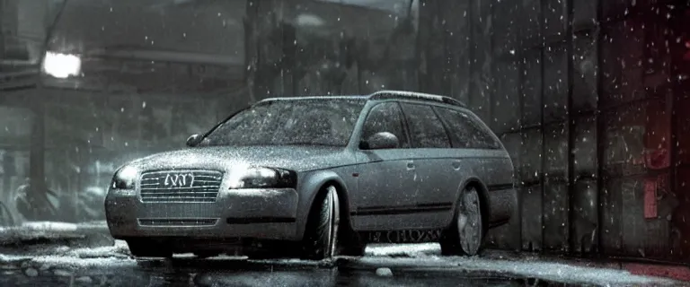 Image similar to Audi A4 B6 Avant (2002), a gritty neo-noir, dramatic lighting, cinematic, eerie person, death, homicide, homicide in the snow, viscera splattered, gunshots, bullet holes, establishing shot, extremely high detail, photorealistic, arson, cinematic lighting, artstation, by simon stalenhag, Max Payne (PC) (2001) winter New York at night, In the style of Max Payne 1 graphic novel, flashing lights, Poets of the Fall - Late Goodbye