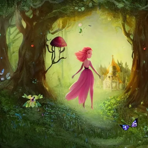 Prompt: a fairy wandering the forest with giant bugs following, storybook