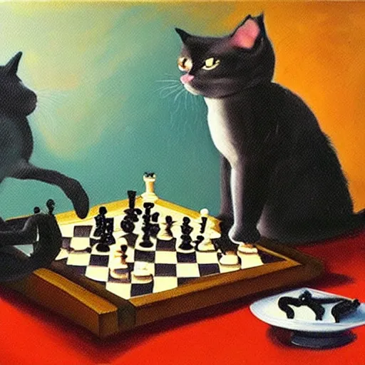 Prompt: cats playing chess, surreal oil painting