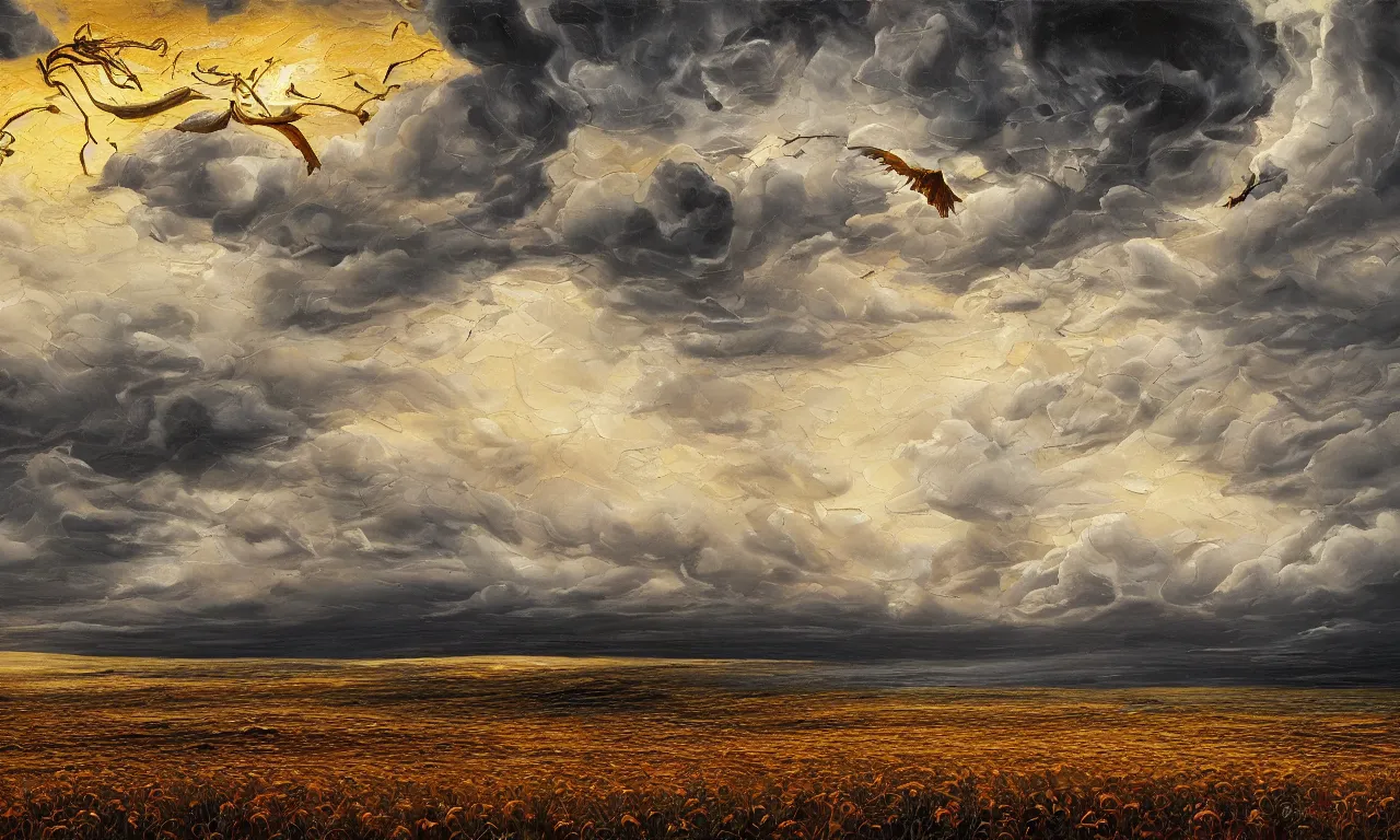 Prompt: breathtaking oil painting with palette knife of a plains landscape in luxurious nature, with intricate art nouveau moody dark tumultuous clouds, at dawn with golden petals flying, grim reaper silhouette with scythe, concept art, matte, by krista schumacher and georgia hart,