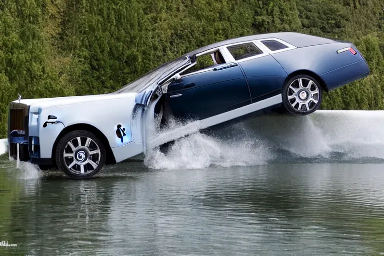 Image similar to Teenagers push Rolls-Royce into lake with their hands from a small slide wanting to drown him