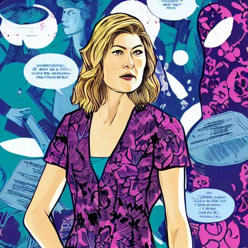 Prompt: rosamund pike as the doctor, dark - hair, wearing a floral pattern suit, bold complementary colours, 2 d matte, graphic novel, art by pepe larraz,