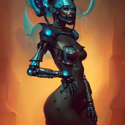 Prompt: a portrait of a nubile cybernetic duchess of hell, cyberpunk concept art by pete mohrbacher and wlop and artgerm and josan gonzales, trending on artstation, deviantart, unreal engine, highly detailed, intricate, sharp focus, digital art, 4 k uhd image