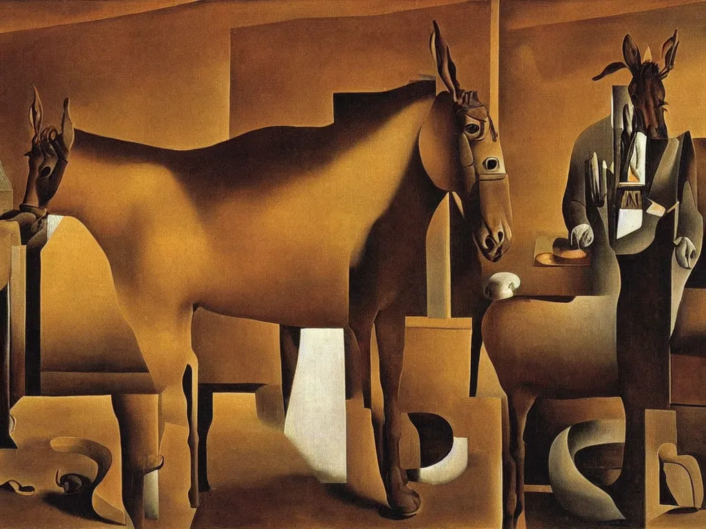 Image similar to a mule in the a rustic bar, by Salvador Dali, by Rene Magritte, award winning, amazing resolution.