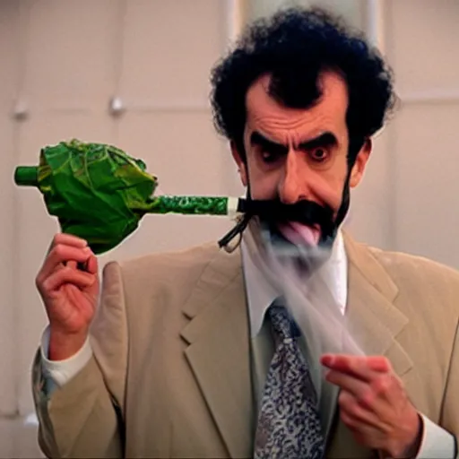 Prompt: Borat smoking a giant joint, 8k, smoke, hyper-detailed, cinematic