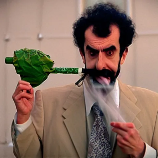 Image similar to Borat smoking a giant joint, 8k, smoke, hyper-detailed, cinematic