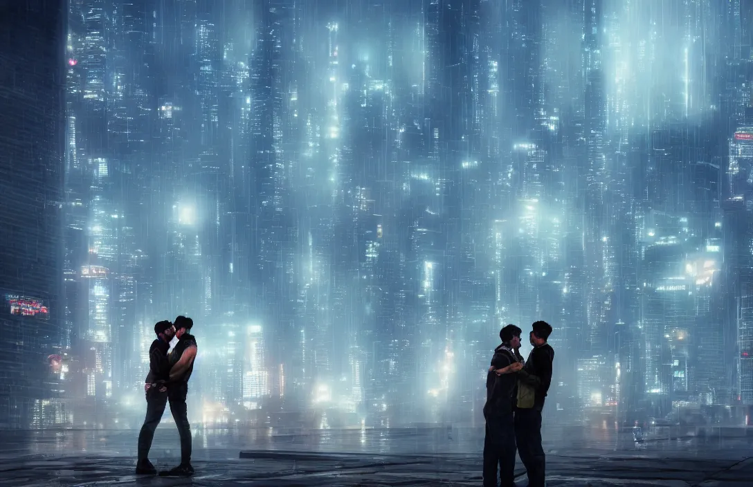 Image similar to men kissing in front of a foggy view of cyberpunk style future city, a hyper realistic professional photographic view,very beautiful scenery, very realistic painting effect, hd, hdr, cinematic 4k wallpaper, 8k, ultra detailed, high resolution,