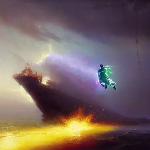 Prompt: ''cinematic shot'' charles barkley chaos dunk sparks flying simetrical 8 k atmosferic realistic, green cape, holding a bell, made by ivan aivazovsky, peter mohrbacher, greg rutkowski volumetric light effect broad light oil painting painting fantasy art style sci - fi art style realism premium prints available artwork unreal engine