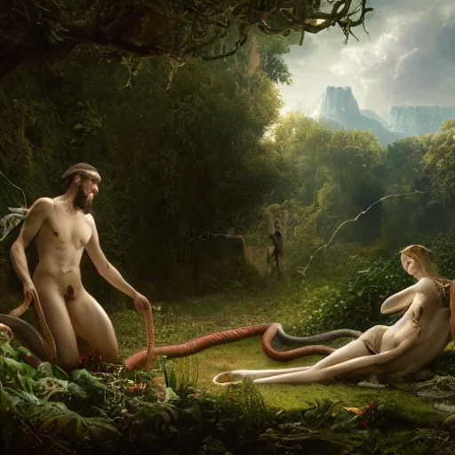 Image similar to God angy in the Garden of Eden. Adam and Eve look very guilty and the snake is leaving the scene quietly - Matte painting , detailed painting, made by Greg Rutkowski, 4k resolution, atmospheric, breathtaking