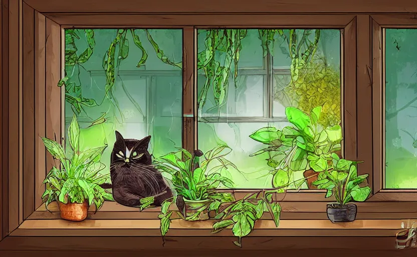 Image similar to sleeping cat on window, inside house in village, plants, calm, warm, cozy, digital art, sweet home, cute, detailed