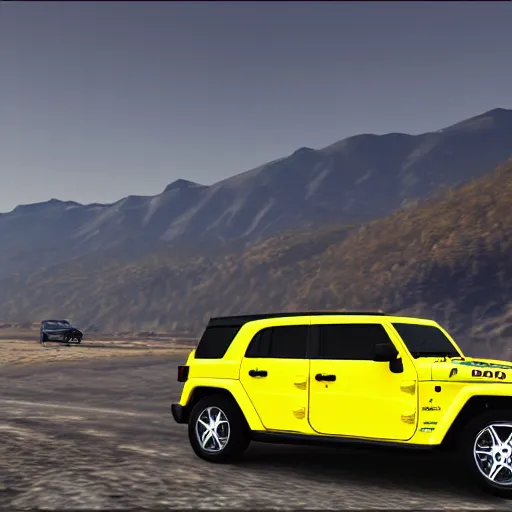 Image similar to yellow jeep wrangler and mercedes cla 4 5 amg gta 5 style digital art