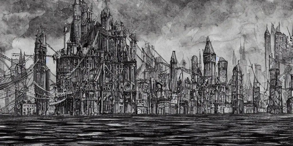 Prompt: pen and ink illustration, city held up on giant platform, buildings on top of tall structure, over the ocean, tall arches, fading off to the horizon, steam punk, artstation