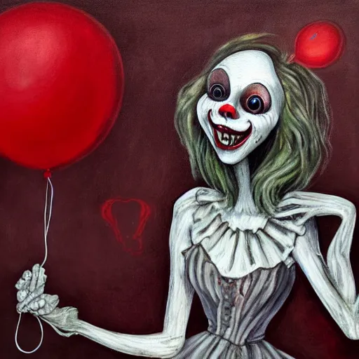 Prompt: grunge painting of creepy pasta with a wide smile and a red balloon by chris leib, loony toons style, pennywise style, corpse bride style, horror theme, detailed, elegant, intricate