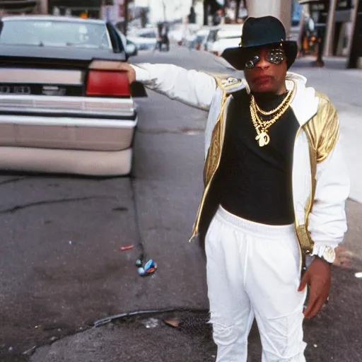 Image similar to 1985 the Bronx in New York. A photographic portrait of a tough rapper wearing a white jogging and white Adidas sneakers and a lot of gold necklace and a white sun hat and holding a gun and a getthoblaster. Gang vibes. Kodachrome. High quality press photography. A bit out of focus. 120mm. Washed out colors. Picture taken in the street of the Bronx. Summer day