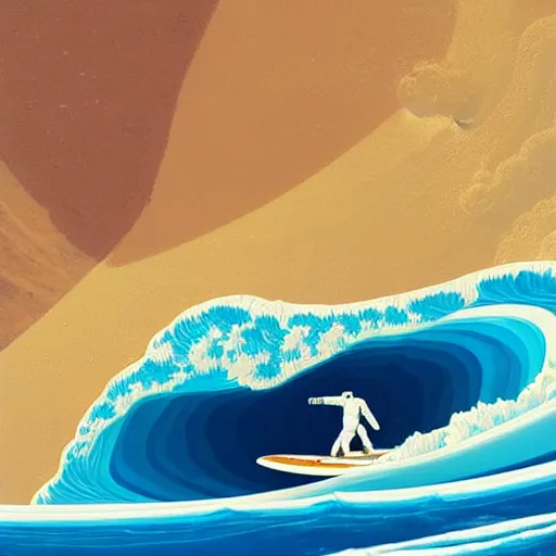 Image similar to a beautiful digital painting of an astronaut in a white and royal blue luxurious space suit surfing the great wave of Kanagawa on a chic surfboard at Pamukkale, thermal waters flowing down gold travertine terraces by greg rutkowski, antelope canyon walls protruding, award winning photo, trending on artstation, highly detailed, unreal engine, octane render