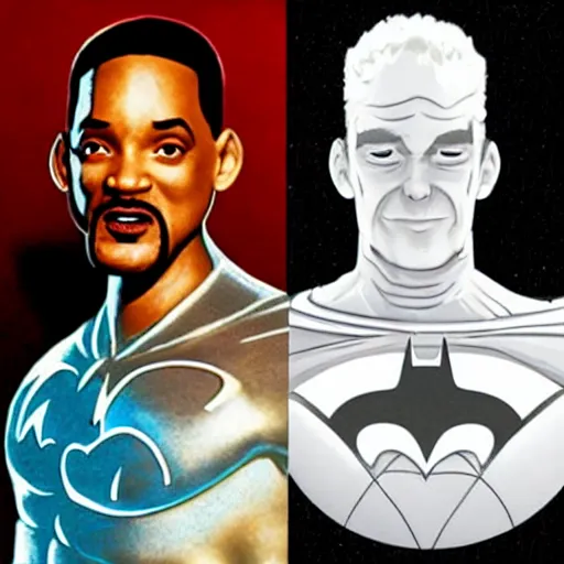 Prompt: will smith as iceman, clear ice, human sculpture, freezing gold, mr freeze, style if batman animated series