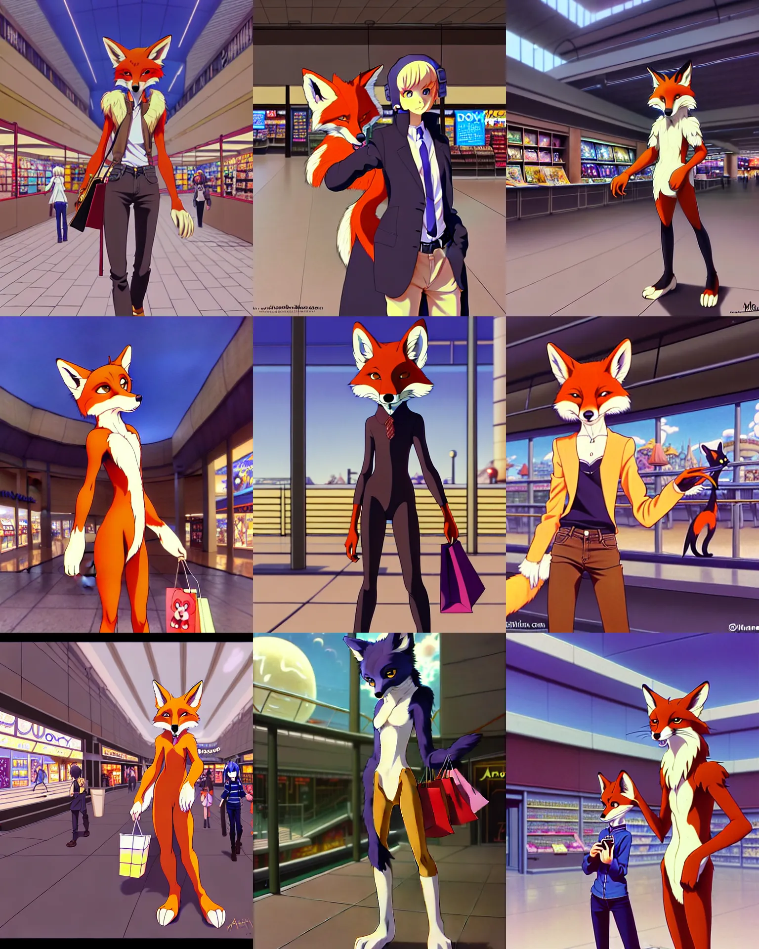 Prompt: anthro art commission of an anthropomorphic natural furry ( fox ) person shopping at a futuristic mall, photorealistic, detailed key anime art, makoto shinkai, james gurney, don bluth!!, disney!!, hibbary!!, dark natasha, goldenwolf, furaffinity, fursona, greg rutkowski