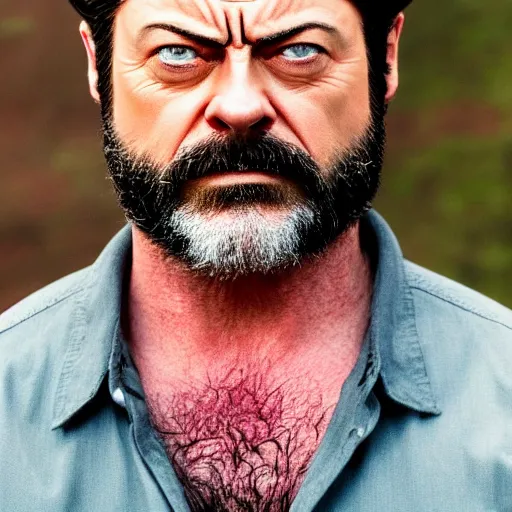 Image similar to logan wolverine pictured as nick offerman, x - men marvel movie still, imdb, detailed, 8 k, poster photosession style, deviantart and artstation top picks