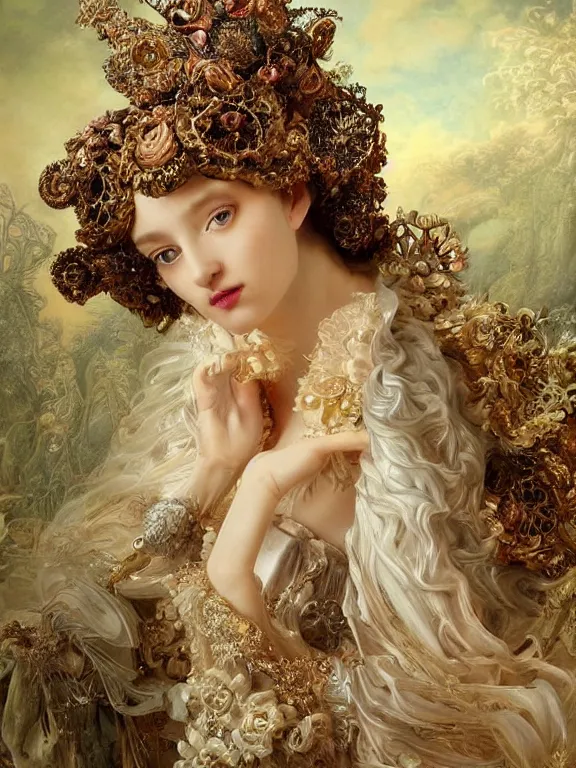 Prompt: a fashion portrait render of a lady angel,veiled,rococo dramatic headdress with intricate fractals of flowers ,tassels,by Daveed Benito and Lawrence Alma-Tadema and Enchanted doll and aaron horkey and peter gric,trending on pinterest,rococo,hyperreal,jewelry,gold,intricate,maximalist,high detail,golden ratio,cinematic lighting