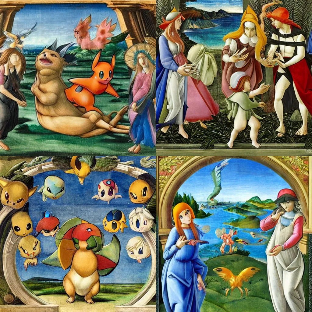 Prompt: Pokémon fresco by Botticelli