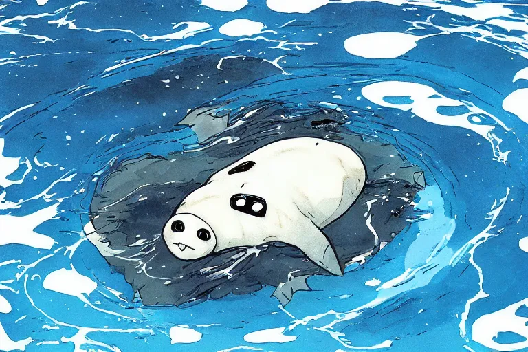 Prompt: “baby seal mecha swimming through Arctic Ocean, anime style”