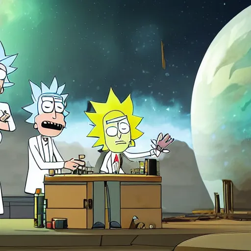 Prompt: rick sanchez and morty smith from rick and morty brewing a potion in space, amazing digital art, highly detailed