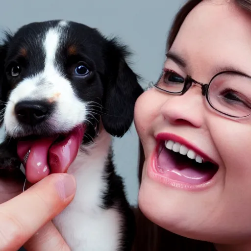 Prompt: photo of person with mouth open with tiny miniature puppy inside mouth