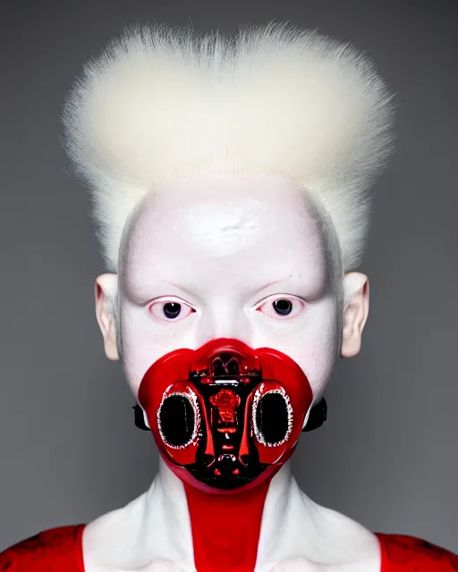 Image similar to symmetrical portrait of an albino woman wearing a silicone embroidered red beauty mask and white hair buns, wearing a black bodysuit by alexander mcqueen, cream white background, soft diffused light, biotechnology, humanoide robot, bjork aesthetic, translucent, by rineke dijkstra, intricate details, highly detailed, masterpiece,