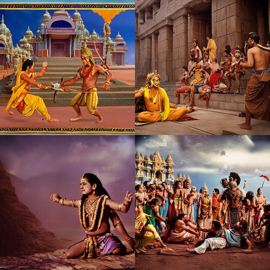 Prompt: an epic cinematic scene from Ramayan, photograph by Steve McCurry, shot on Mamiya large format film camera, trending on Flickr, detailed, 8K, HDR, HD,