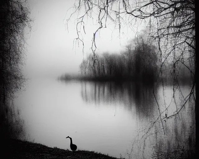 Prompt: lake by Andrei Tarkovsky, black swan , mist, lomography effect, photo, monochrome, photo blurring, 35mm