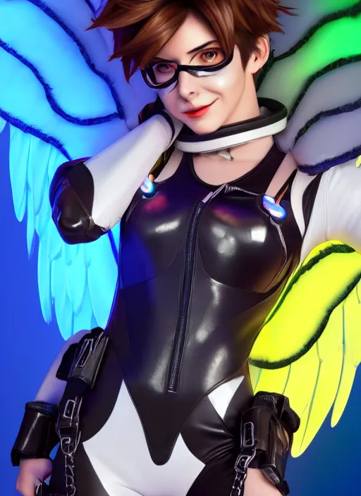 Image similar to portrait bust digital artwork of tracer overwatch, wearing white iridescent rainbow latex and leather straps catsuit outfit, 4 k, expressive happy smug expression, makeup, in style of mark arian, angel wings, wearing detailed black leather collar, chains, black leather harness, detailed face and eyes,