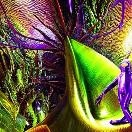 Prompt: hyperrealistic photo, hyperdetailed, scientist in a purple iridescent aluminum foil suit being eaten by a massive exotic colorful tropical alien carnivorous plant, extremely detailed. stark. refraction. shallow depth of field. volumetric light and shadow. ray tracing. light rays
