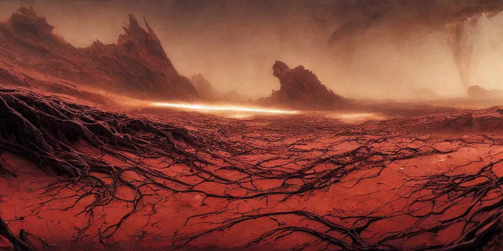 Image similar to supernova, alien surface planet covered with black tree roots, red desert mars, norilsk, painted by ruan jia, raymond swanland, lawrence alma tadema, zdzislaw beksinski, norman rockwell, jack kirby, tom lovell, alex malveda, greg staples, steve mccurry