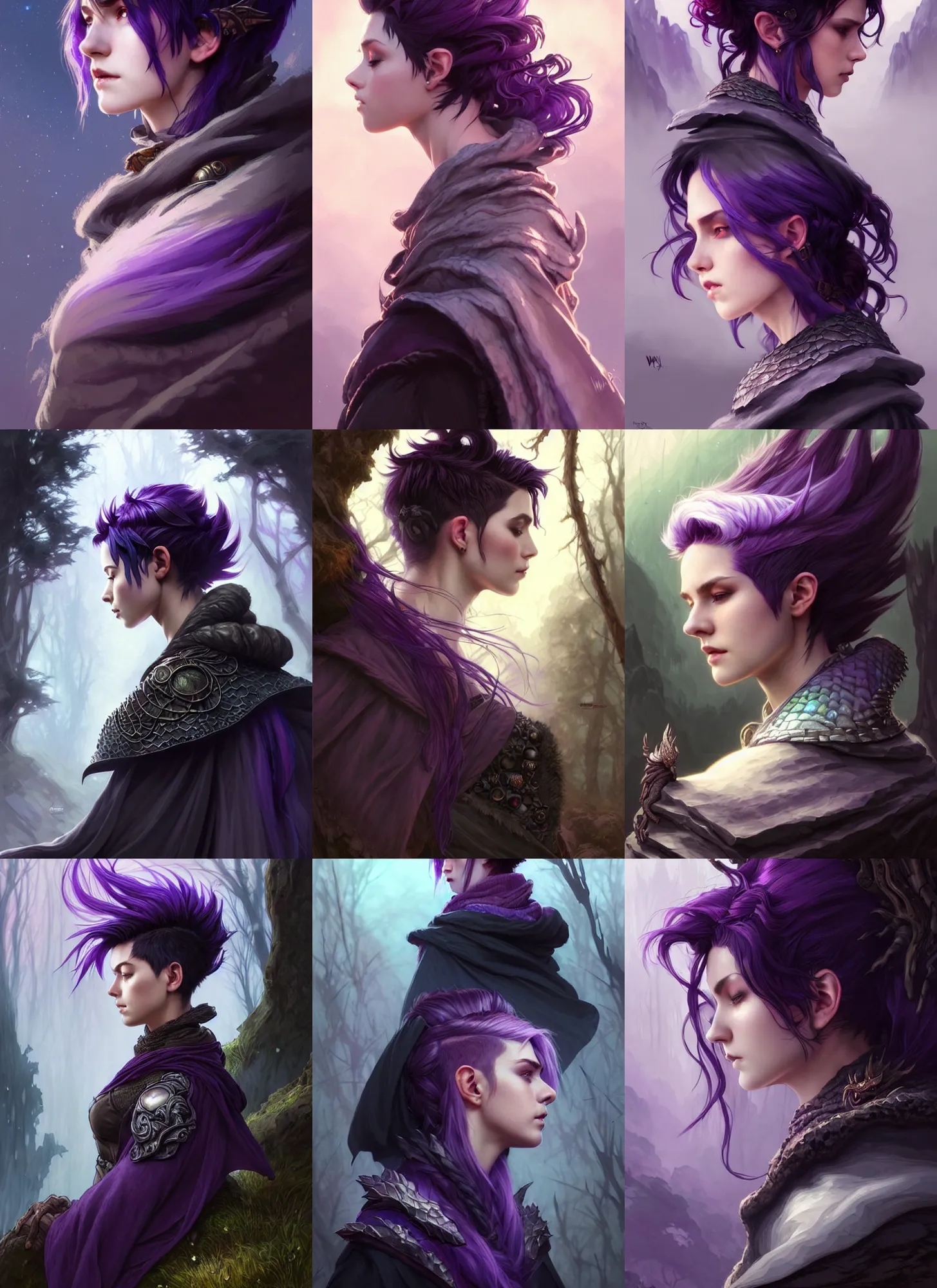 Image similar to side portrait rugged girl, adventurer outfit large cloak, fantasy forest landscape, dragon scales, fantasy magic, undercut hairstyle, short purple black fade hair, dark light night, intricate, elegant, sharp focus, illustration, highly detailed, digital painting, concept art, matte, art by wlop and artgerm and greg rutkowski and alphonse mucha, masterpiece