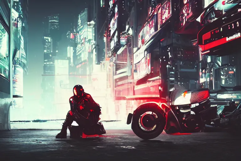 Image similar to man sitting on parked motorcycle. red black white leather jacket cyberpunk helmet. Black motorcycle orange emissive glowing wide angle shot long distance Bladerunner 2049 Wadim Kashin Wenjun Lin beautiful cyberpunk city night time