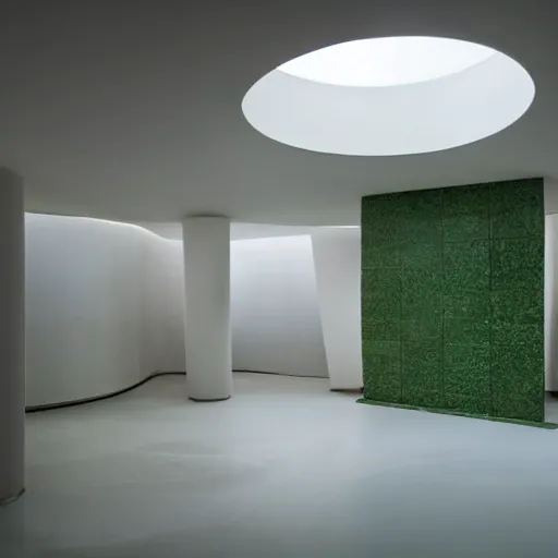 Image similar to a large room with surreal minimalist architecture partially flooded by slightly green water, liminal space, made of all white ceramic tiles, surreal, hallways, rounded ceiling, stairs,